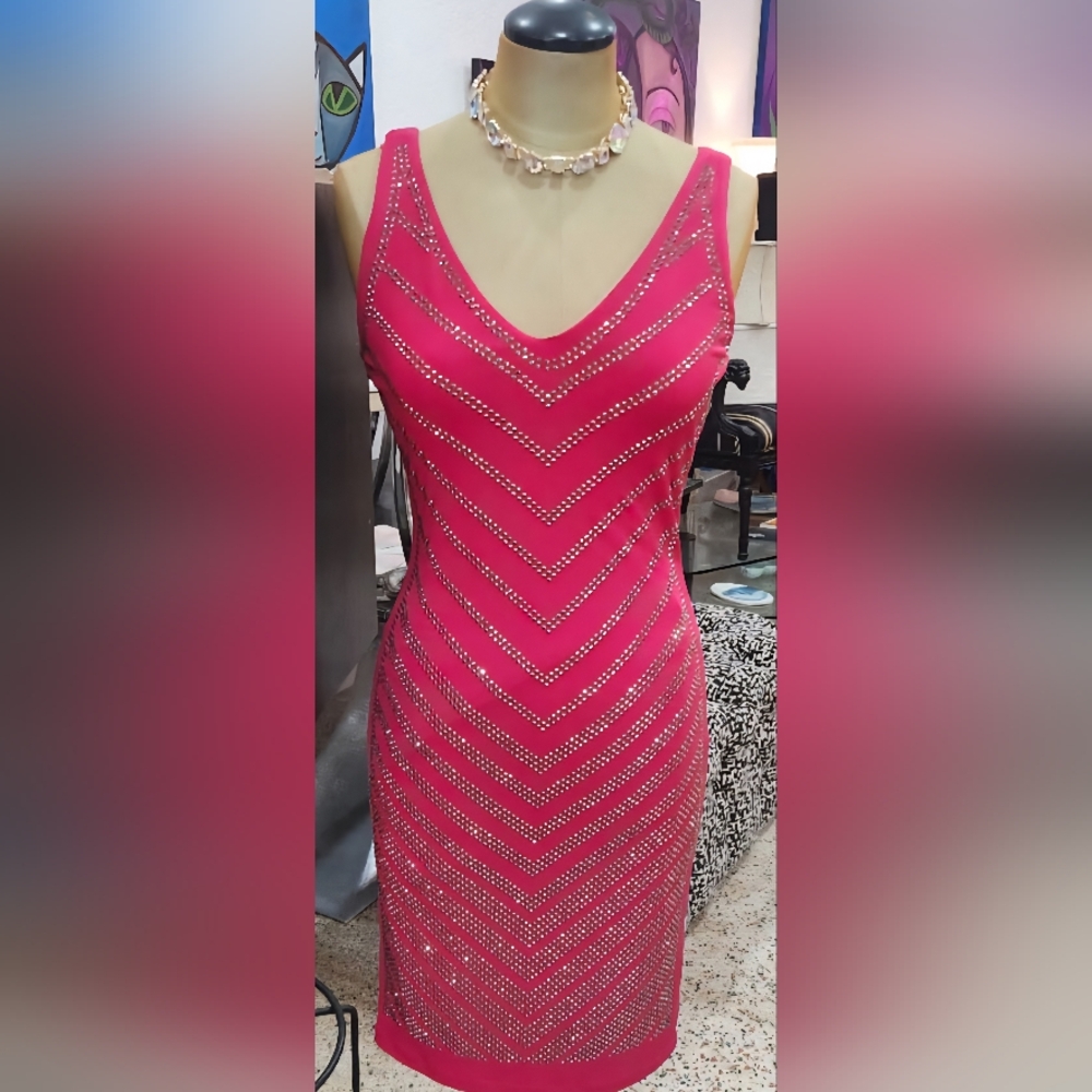 Carmen Marc Valvo Fuchsia Dress with Metallic Details